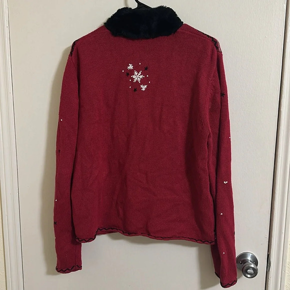 Vintage Christmas Cardigan Zip Sweater with Faux Fur Collar Embroidered/Beaded - Picture 5 of 7